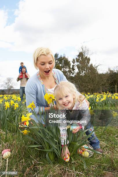 Familia De Huevo De Pascua Hunt De Narciso Campo Foto de stock y más banco de imágenes de Familia - Familia, Pascua, Búsqueda de huevo de Pascua