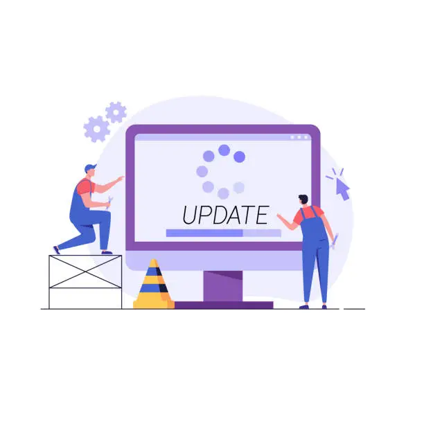 Vector illustration of User updating operation system with progress bar. Software upgrade and installation program. Concept of system update, integration, software installation. Vector illustration for UI, mobile app