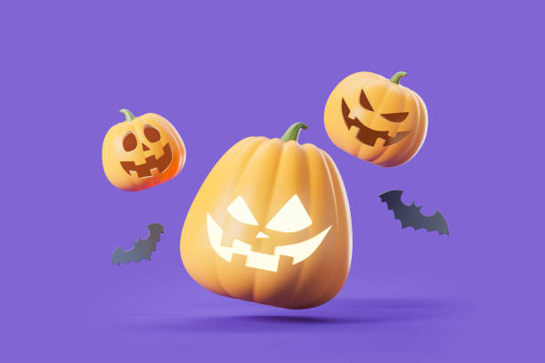 istock Scary pumpkin flying with bats on purple background 1771314205