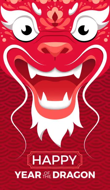Vector illustration of Red Chinese Dragon Face. Vector Poster for 2024 New Year. Lunar New Year Symbol
