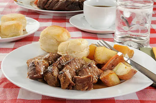 A plate of sliced pot roast and vegetables