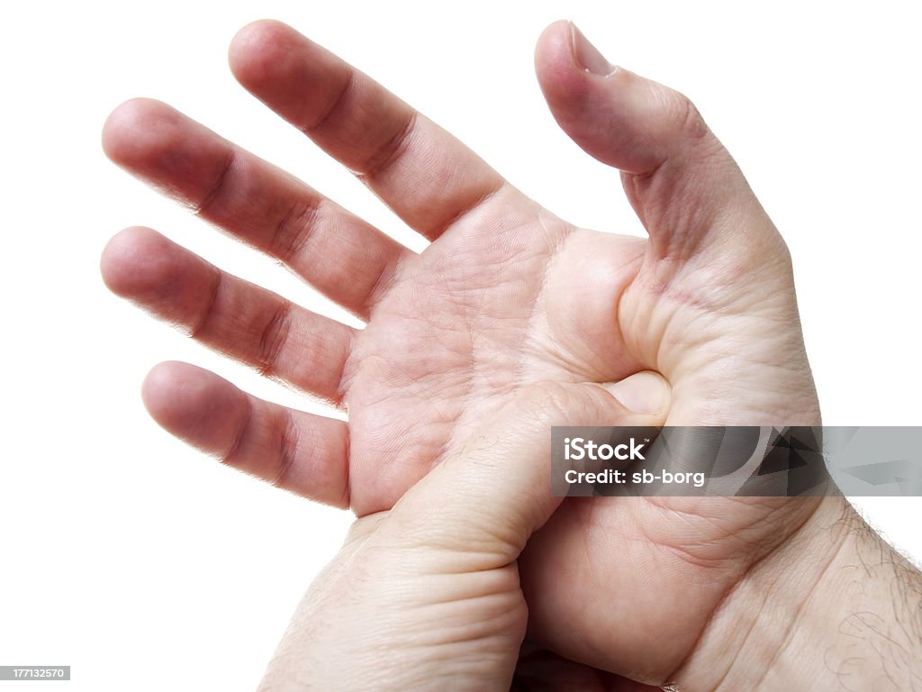 Palm acupressure Palm acupressure treatment isolated on a white background. Adult Stock Photo