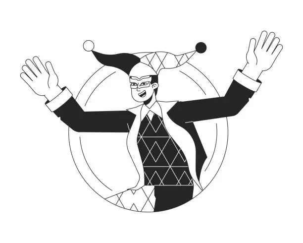 Vector illustration of Happy joker having fun flat line black white vector character