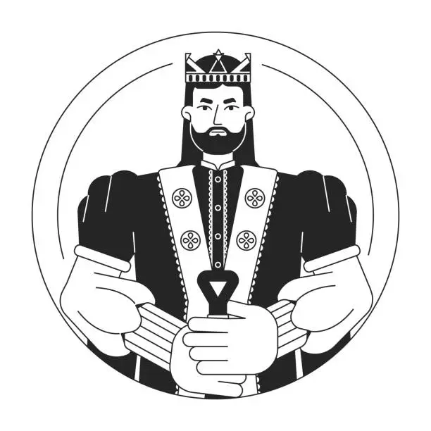 Vector illustration of Confident king in golden crown flat line black white vector character