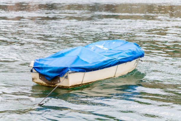 small fishing boat with fishing net and equipment, motor boat or sail boat floating - rowboat nautical vessel small motorboat imagens e fotografias de stock