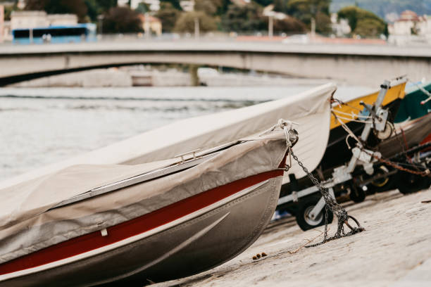 small fishing boats with fishing net and equipment, motor boat or sail boat floating - rowboat nautical vessel small motorboat imagens e fotografias de stock