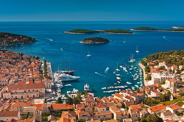 Harbor of old Adriatic island town Hvar, Croatia. stock photo