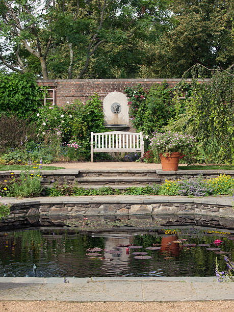 English Walled Flower Garden and Pond stock photo