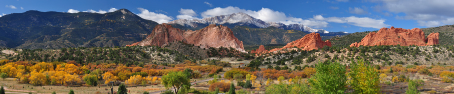 Panorama of Garden of the Gods Park near Colorado Springs at the height of colorful Fall foliage 2011.