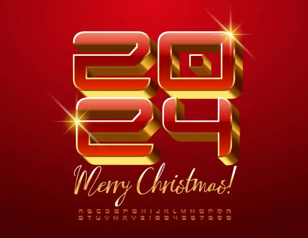 Vector illustration of Vector Greeting Card Merry Christmas 2024! Red and Gold glossy 3D Alphabet Letters and Numbers set
