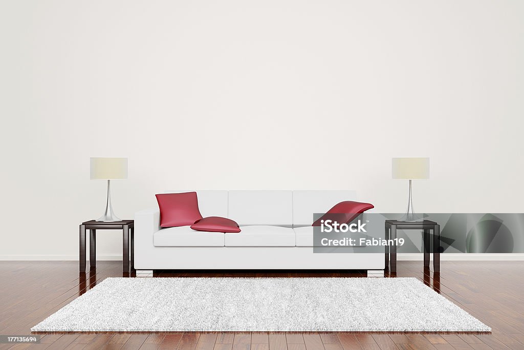 Em branco sofá com almofadas vermelhas - Foto de stock de Carpete royalty-free