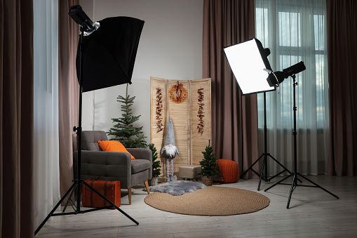 Beautiful Christmas themed photo zone with professional equipment, trees and armchair in room