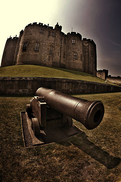 castillo de alnwick y amplio cannonball shooter: el tirador - cannon alnwick castle alnwick castle fotografías e imágenes de stock