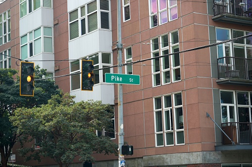 A close-up shot of a street sign and a traffic light in a cityscape on the Pike street