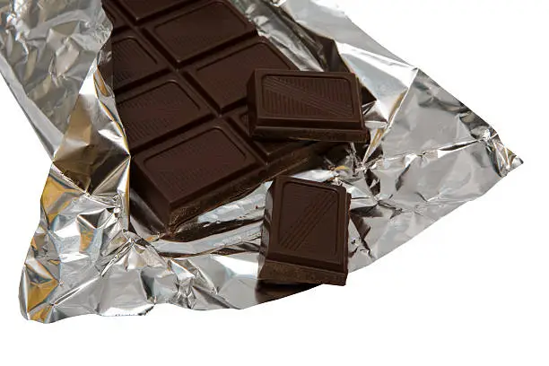 Dark chocolate in a foil on a white background