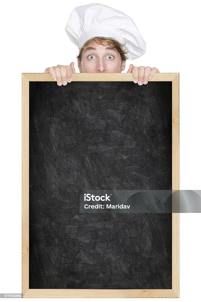 Engraçado mostrando sinal de quadro-negro do chef - Foto de stock de Chef de cozinha royalty-free