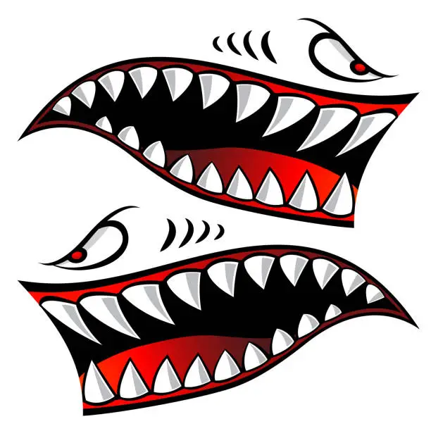 Vector illustration of Shark teeth car decal angry Flying tigers bomber shark mouth motorcycle fuel tank sticker vector graphic