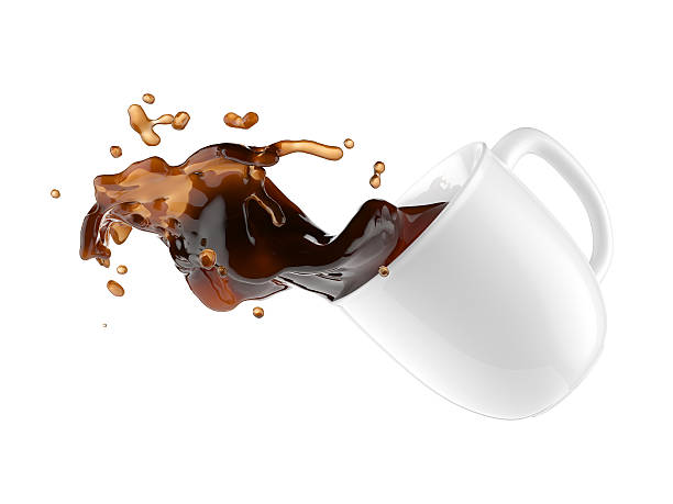 Coffee spilling out of white mug while falling stock photo