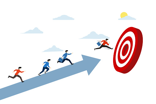 Concept of business team achieving their goals. people running towards their goal along the arrow towards the target, increase motivation, way to achieve the goal, business flat vector illustration.