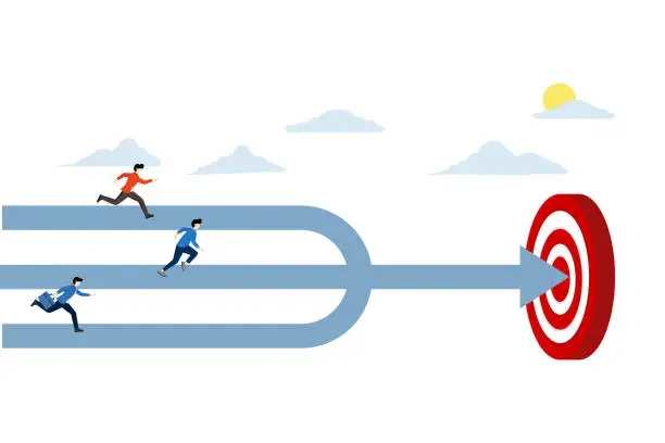 Vector illustration of Concept of team target or goal achievement, strategy or general direction to win together, company goals and objectives or success at work, businessman employee running to achieve target.