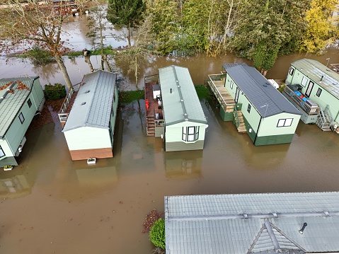 storm Debi, aerial view of extreme flooding Stamford Bridge from the River Derwent Breaching its banks