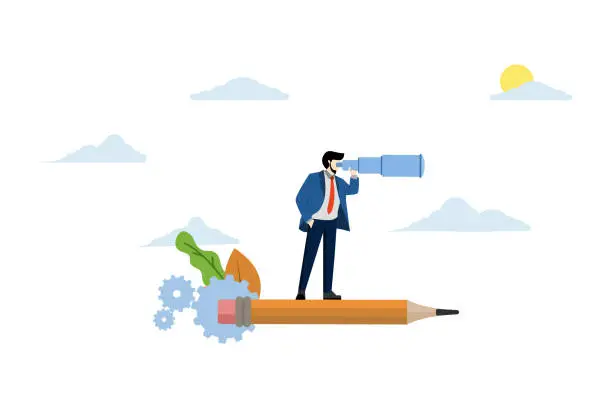 Vector illustration of Concept of designer man flying astride a pencil and looking for creative ideas, talented creative worker. creative designer girl flying with pencil rocket looking through binoculars looking for ideas.