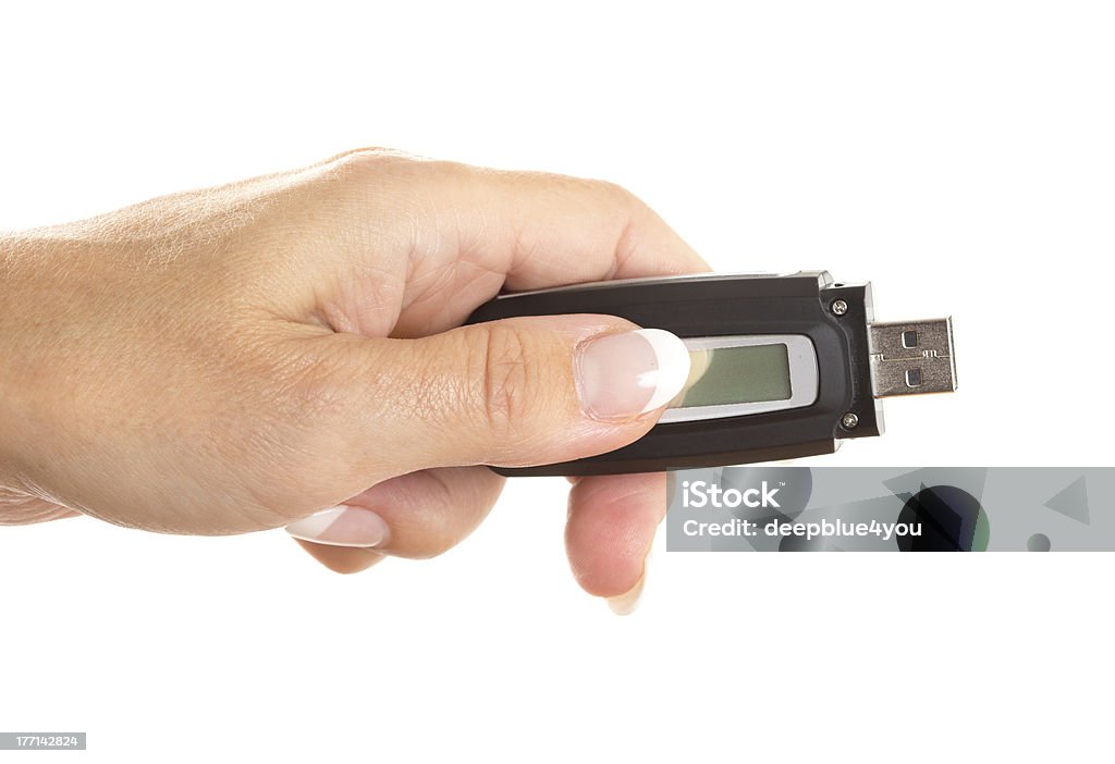 Mulher mão mostrando armazenamento flash USB em branco Leitor de mp3 - Royalty-free Acessório Foto de stock