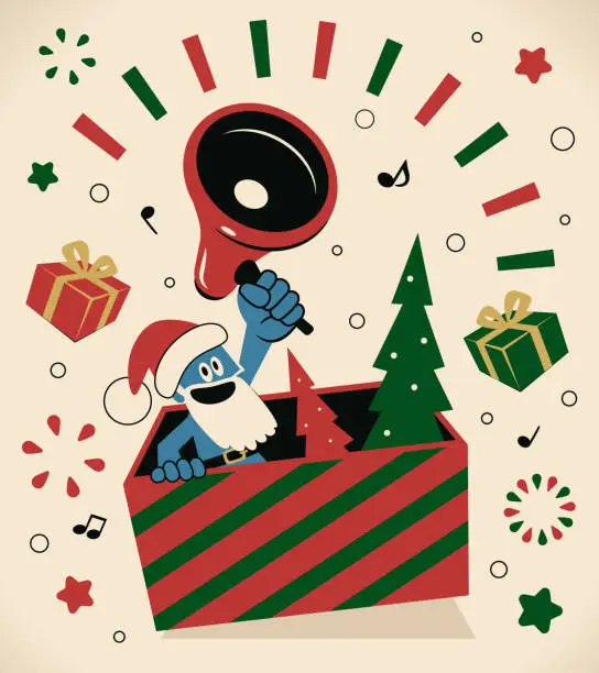 Vector illustration of Happy blue Santa Claus pops out of the big gift box to bless everyone and give gifts and announces good news with a megaphone