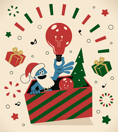 Cute Christmas Characters Vector Art Illustration.
Happy blue Santa Claus pops out of the big gift box to bless everyone and share fun and creative Christmas gift ideas.