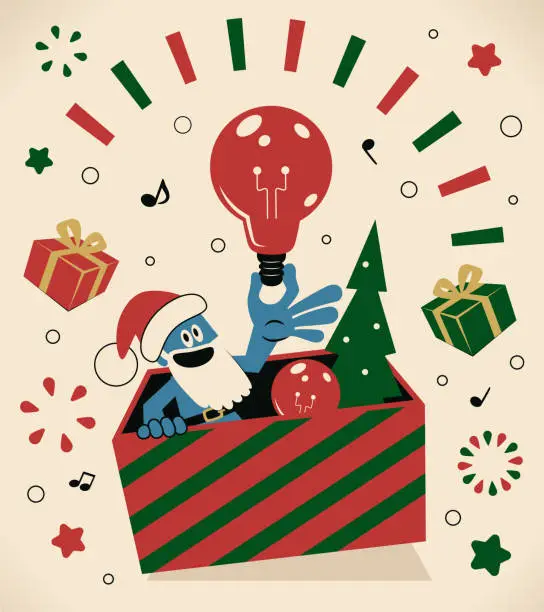 Vector illustration of Happy blue Santa Claus pops out of the big gift box to bless everyone and share fun and creative Christmas gift ideas