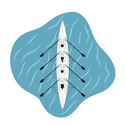 Kayaking team sport monochrome concept vector spot illustration. Top view of four oarsmen on sea. Championship 2D flat bw cartoon characters for web UI design. Isolated editable hand drawn hero image