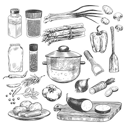 Set of ingredients for soup. Sketch style boiling pot, vegetables, asparagus, potatoes, mushrooms, peas, eggplant, onions, carrots, spices, paprika. Сutting board, vegetable peeler, spatula. Cookware