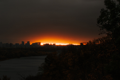 Dawn from Volodymyrska hill park, Kyiv, October 2023