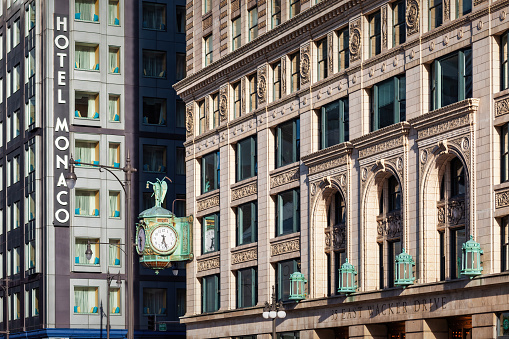 Father Time Clock and ornate facade on East Wacker Drive in downtown Chicago on a sunny day