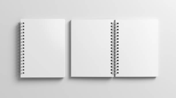 Notebook mockup. Closed and open blank notebook with white cover. Spiral notepad on white background