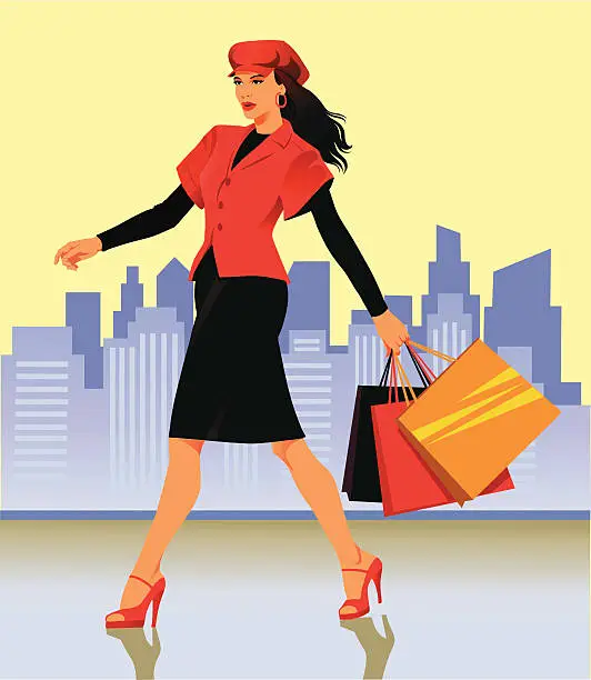 Vector illustration of Fashionable Woman Walking With Shopping Bags