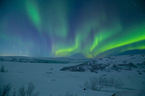 northern lights with green and purple glow in the starry sky, horizontal, scenic