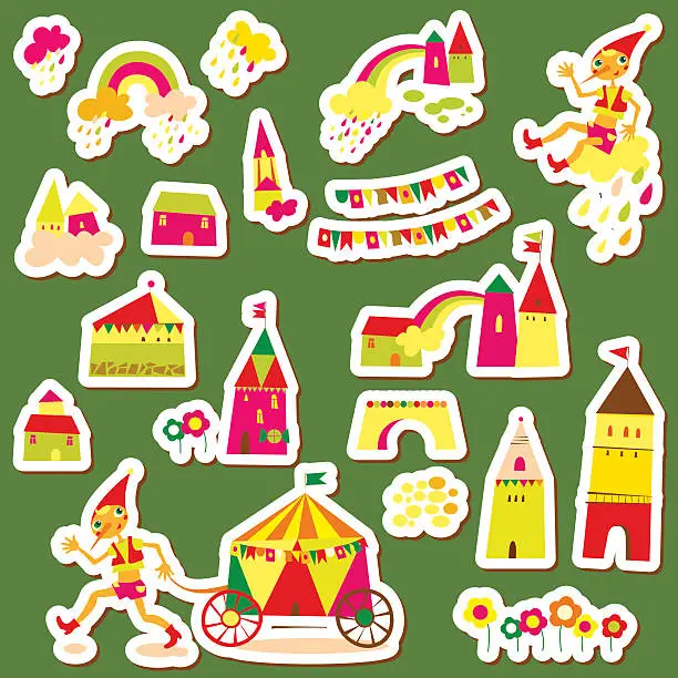 Vector illustration of Set of children's stickers. Multi-colored houses.