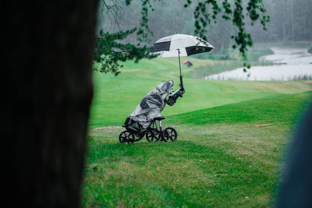 istock Golf bag with clubs stands on field in rain 1771584367