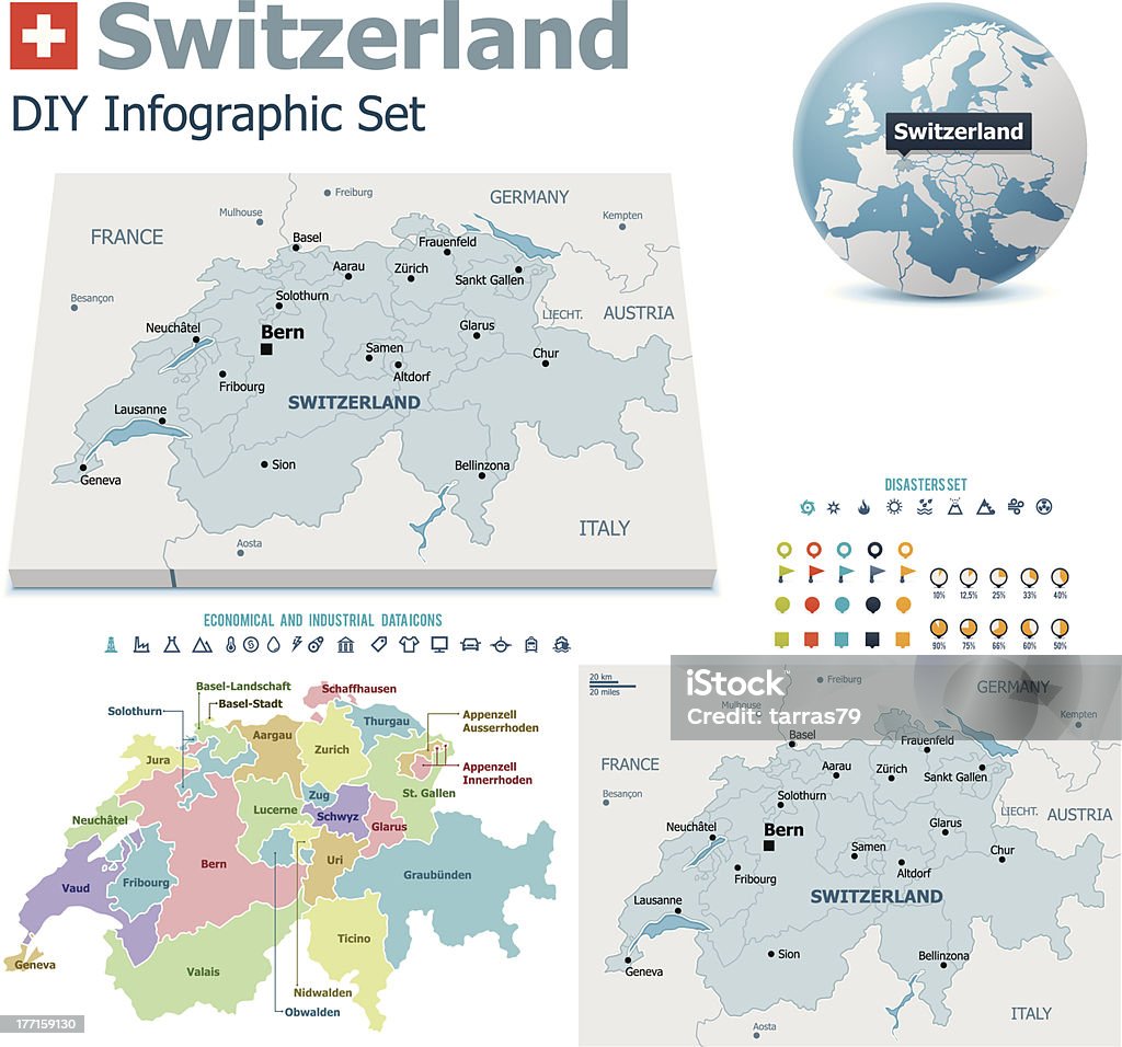 Швейцария карты с маркерами - Векторная гр�афика Италия роялти-фри