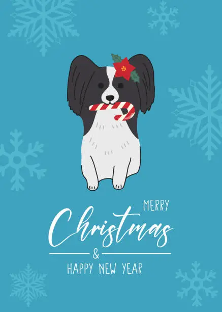 Vector illustration of Christmas Papillon in hand drawn style. Greeting text Merry Christmas. Beautiful illustration for greeting cards, posters and seasonal design.