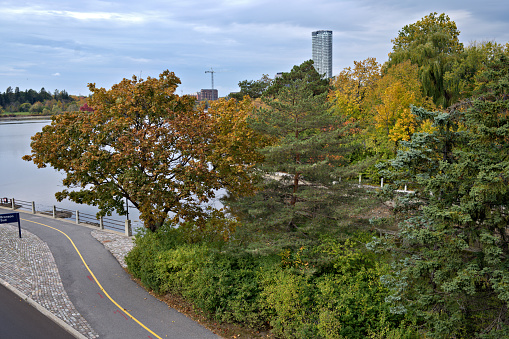 Autumn forest trees in multi colored foliage along bicycle lanes near lake in city of Ottawa