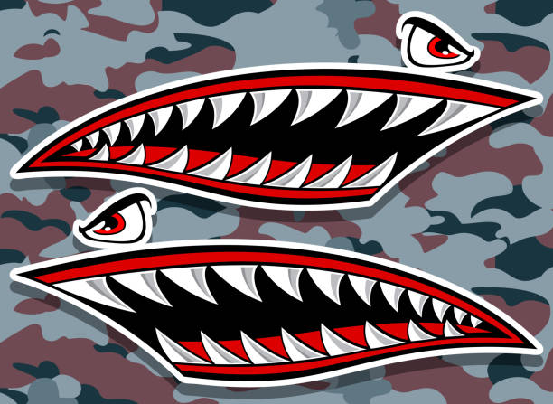 illustrations, cliparts, dessins animés et icônes de dents de requin bouche autocollant kayak bateau voiture camion autocollant drôle automobiles et motos autocollant sur fond de camouflage - fish tank