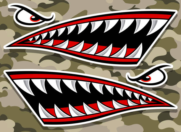 illustrations, cliparts, dessins animés et icônes de tigres volants dents de requin autocollant de voiture moto réservoir d’essence autocollant et casque autocollant sur fond de camouflage - fish tank