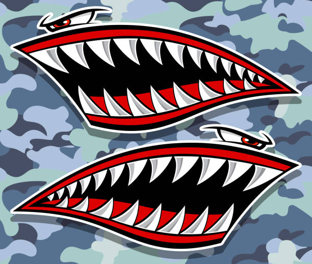 illustrazioni stock, clip art, cartoni animati e icone di tendenza di flying tigers bomber plane vector graphic angry shark teeth shark mouth car decal motorcycle helmet and gas tank sticker on camouflage background - fish tank