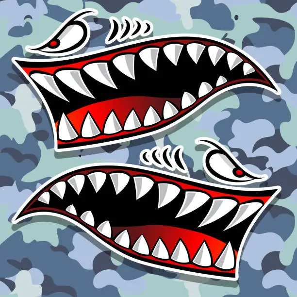 Vector illustration of Shark Teeth Mouth Sticker Kayak Boat Car Truck Funny Decal Automobiles and Motorcycles Decal on camouflage background