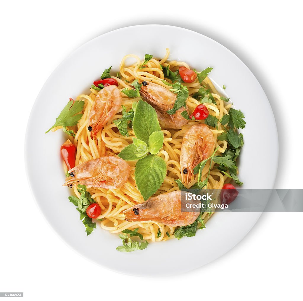 Camarones on spaghetti - Foto de stock de Albahaca libre de derechos