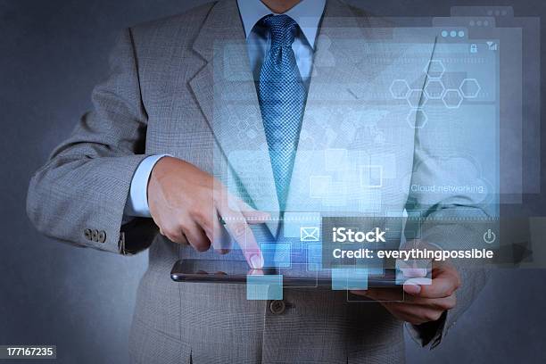 Businessman Hand Working With Modern Technology Stock Photo - Download Image Now - Adult, Atom, Business