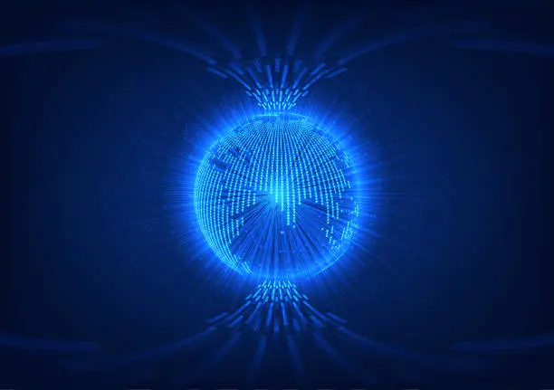 Vector illustration of vector illustration, light blue sphere and dark blue background, abstract futuristic technology background