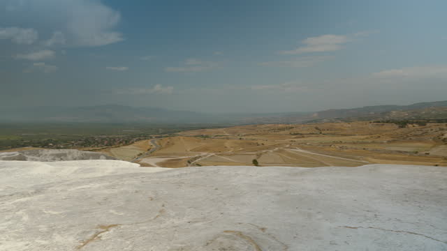 White mountains, travertines in Pamukkale, panoramic view from the observation deck.